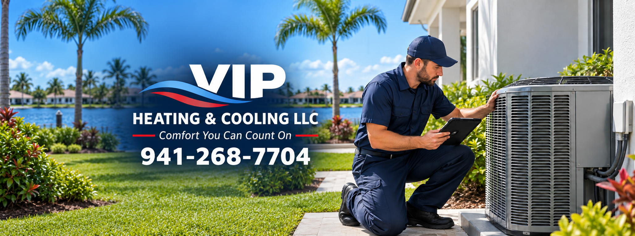 VIP technician servicing an outdoor AC system